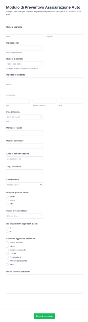 Modulo Di Preventivo Assicurazione Auto