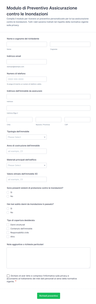 Modulo Di Preventivo Assicurazione Contro Le Inondazioni