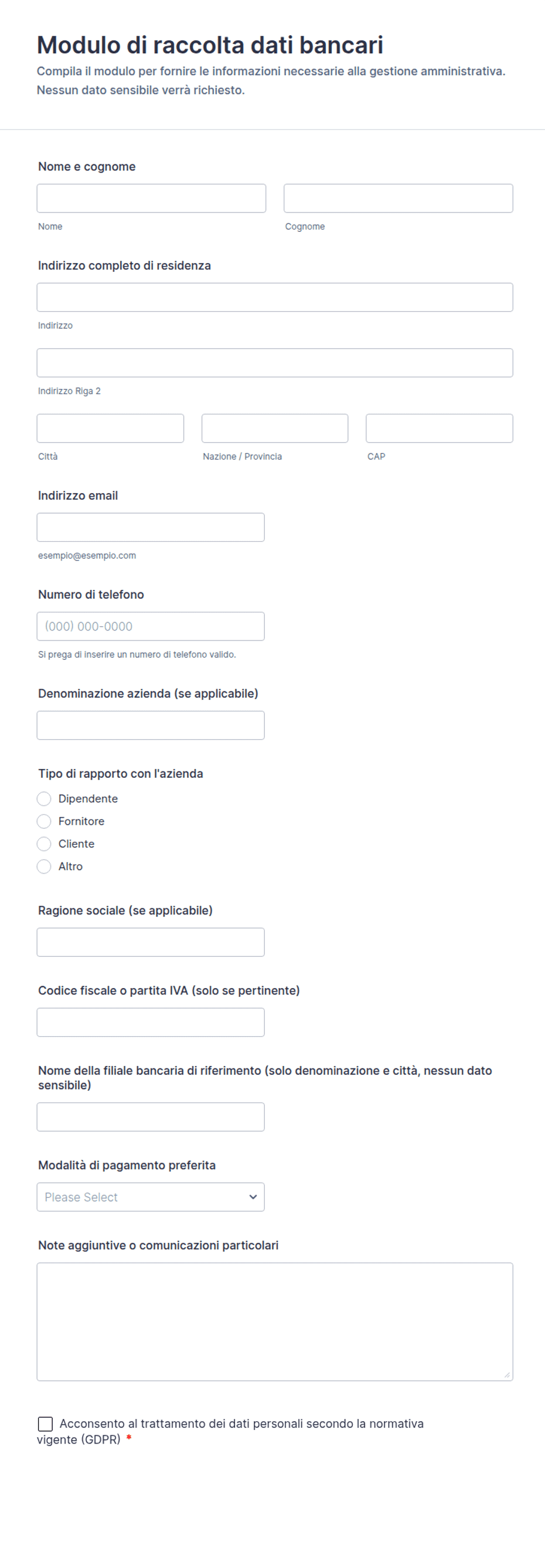 Modulo di raccolta dati bancari | Jotform