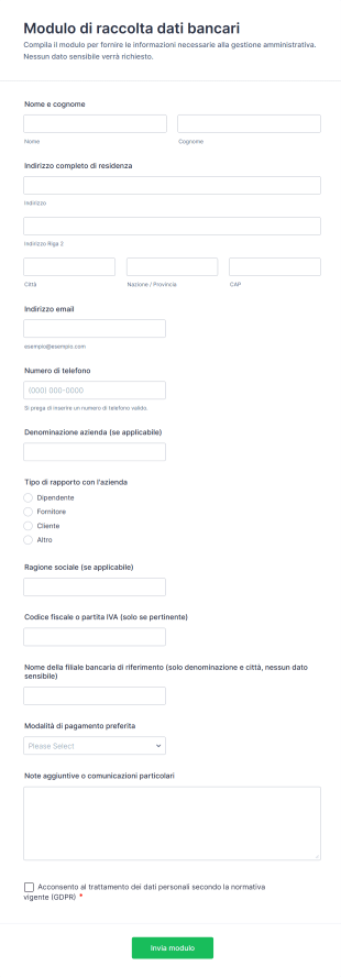 Modulo Di Raccolta Dati Bancari