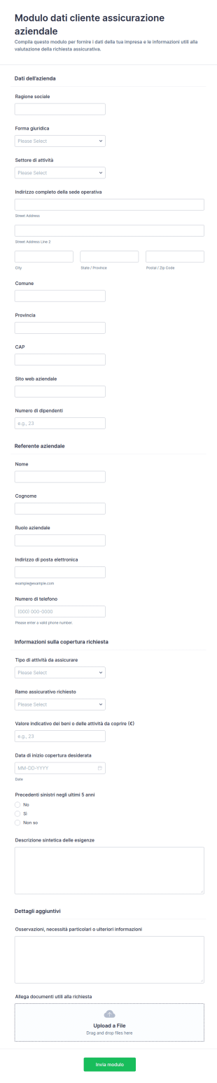Modulo Di Raccolta Dati Cliente Per Assicurazioni Aziendali