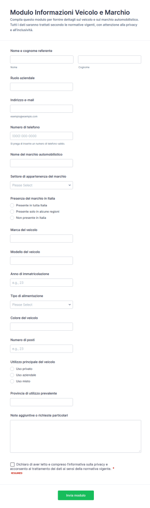 Modulo Di Raccolta Dati Del Brand Veicoli