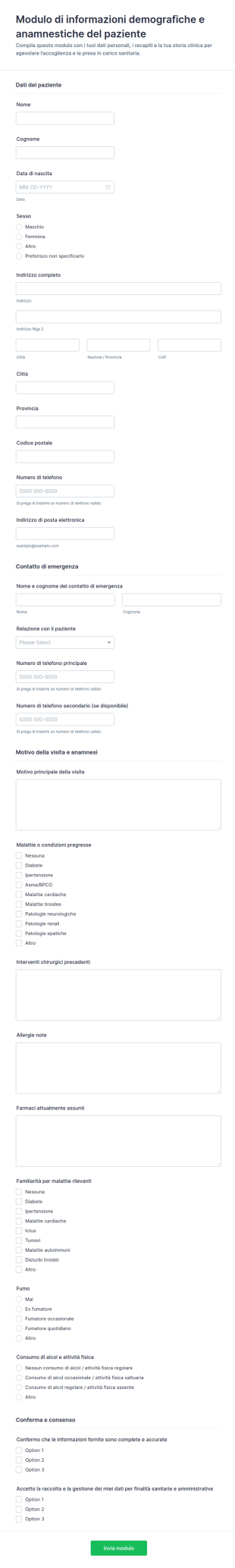 Modulo Di Raccolta Dati Demografici E Storici Dei Pazienti