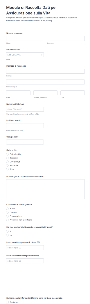 Modulo Di Raccolta Dati Per Assicurazione Sulla Vita