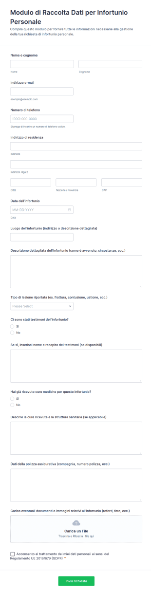 Modulo Di Raccolta Dati Per Infortunio Personale