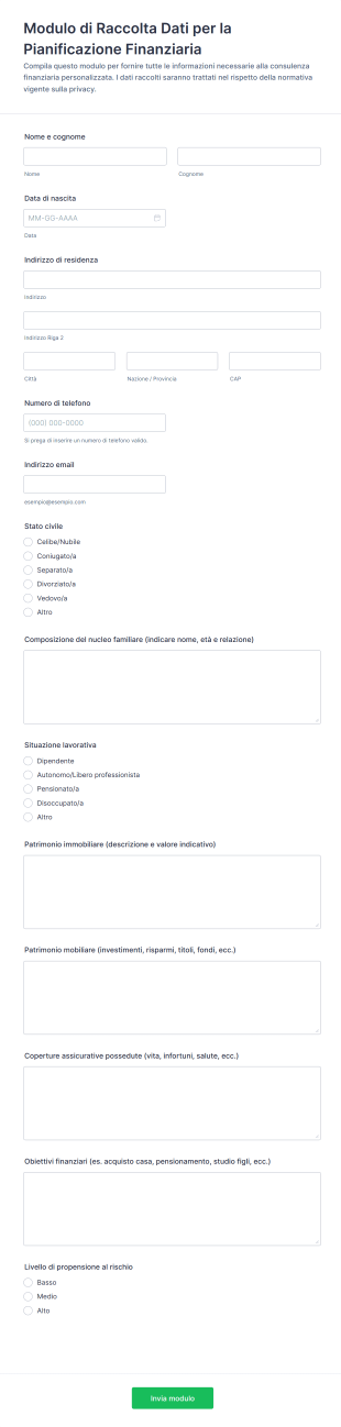 Modulo Di Raccolta Dati Per La Pianificazione Finanziaria