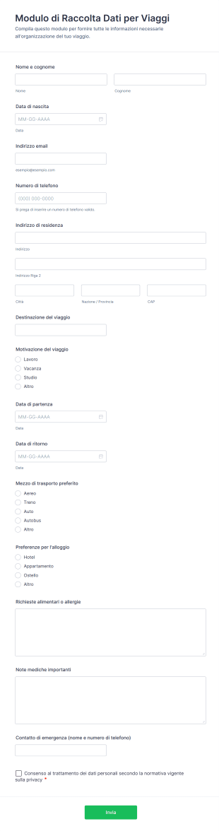 Modulo Di Raccolta Dati Per Viaggi