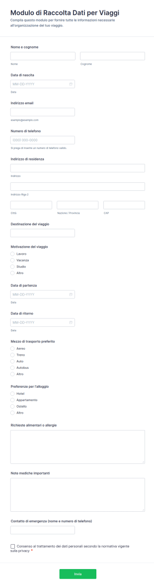 Modulo Di Raccolta Dati Per Viaggi