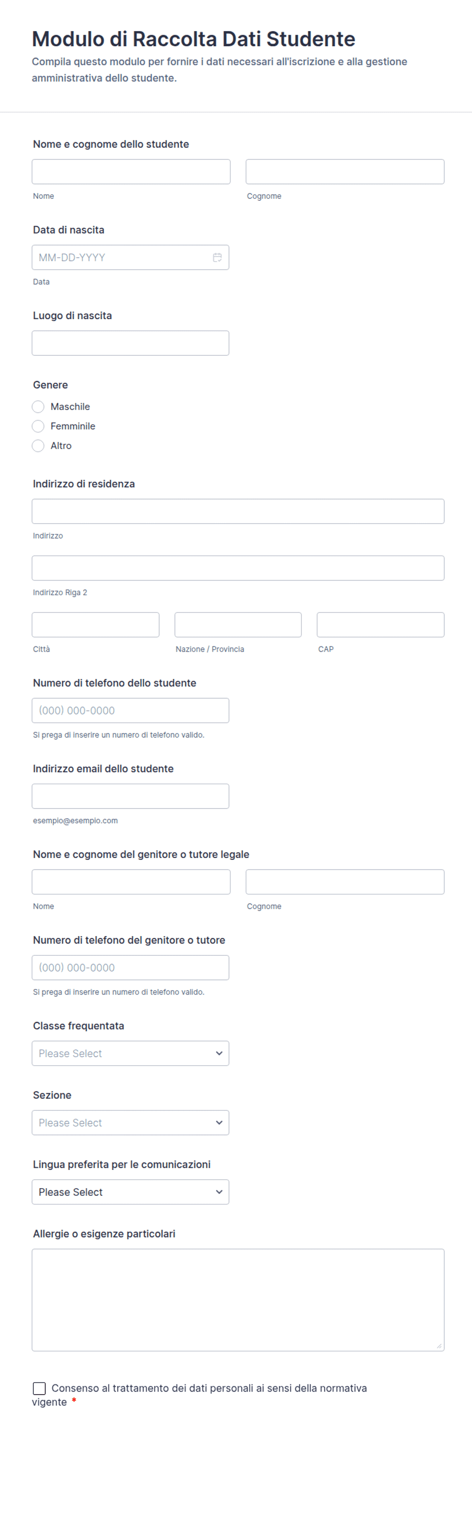 Modulo di Raccolta Dati Studente | Jotform