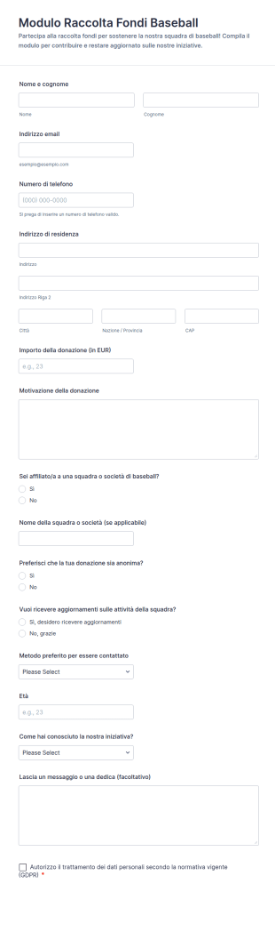 Modulo Di Raccolta Fondi Per Il Baseball