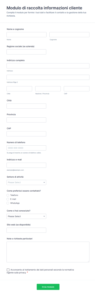 Modulo Di Raccolta Informazioni Cliente