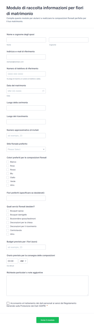 Modulo Di Raccolta Informazioni Per Fiori Di Matrimonio