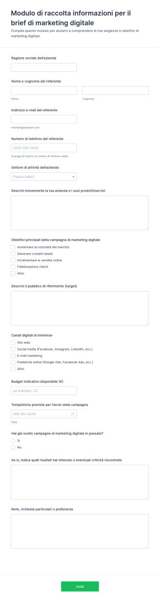 Modulo Di Raccolta Informazioni Per Il Brief Di Marketing Digitale