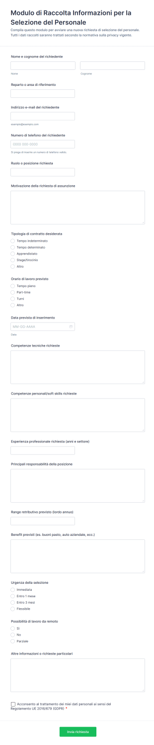 Modulo Di Raccolta Informazioni Per La Selezione Del Personale