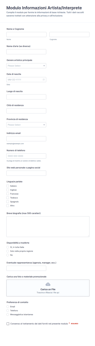 Modulo Di Raccolta Informazioni Sul Performer