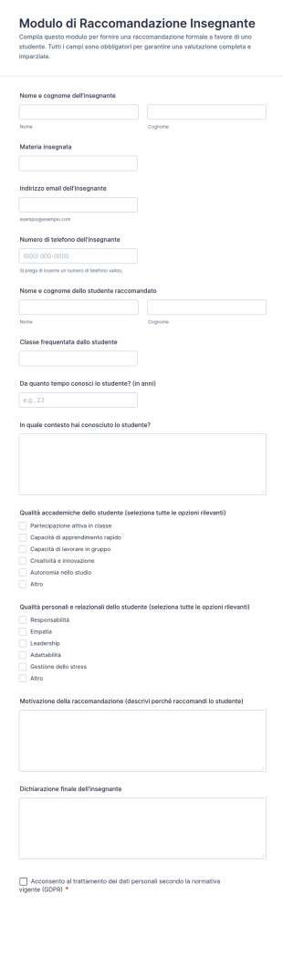 Modulo Di Raccomandazione Insegnante