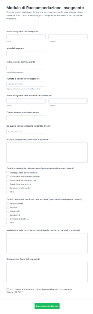 Modulo Di Raccomandazione Insegnante