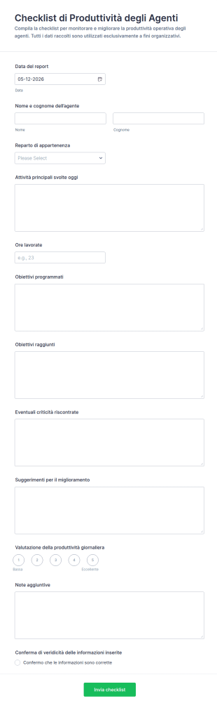 Modulo Di Rapporto Sulla Produttività Degli Agenti