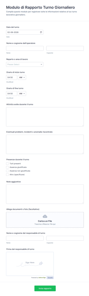 Modulo Di Rapporto Turno Giornaliero