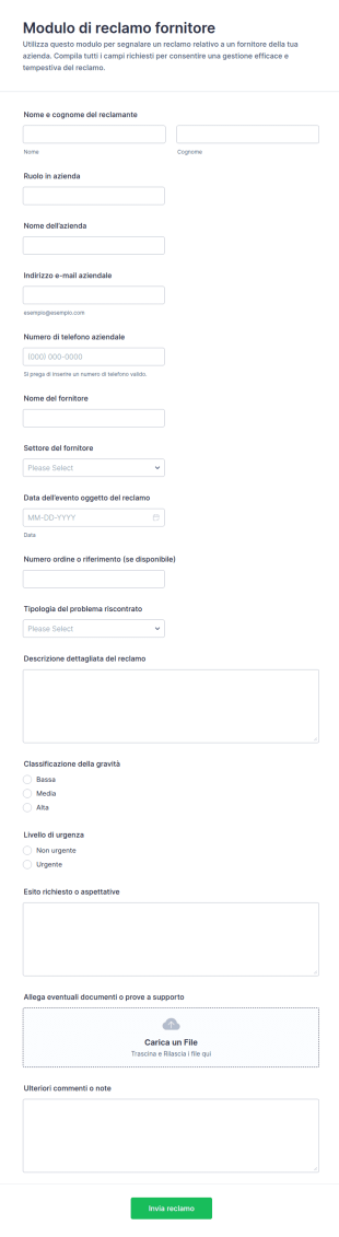 Modulo Di Reclamo Al Fornitore