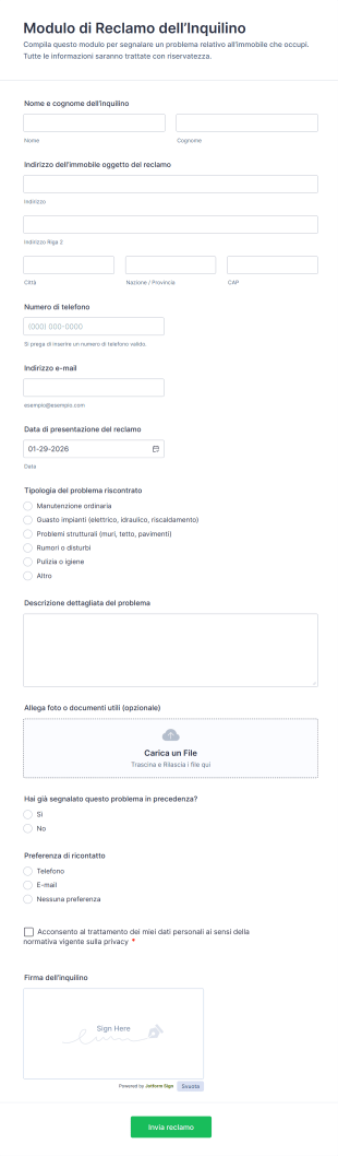 Modulo Di Reclamo Dell’Inquilino
