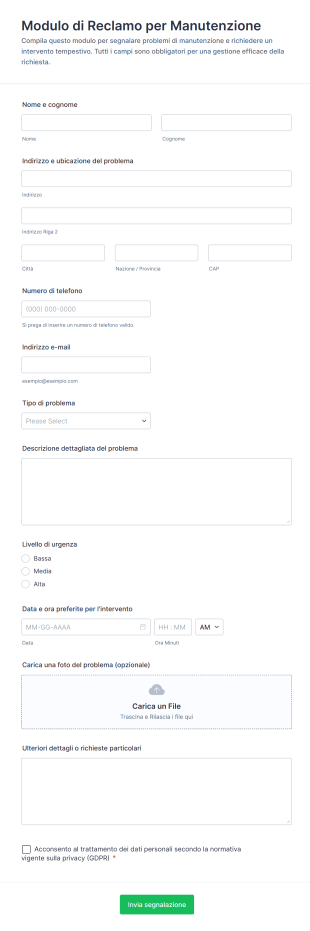 Modulo Di Reclamo Per Manutenzione