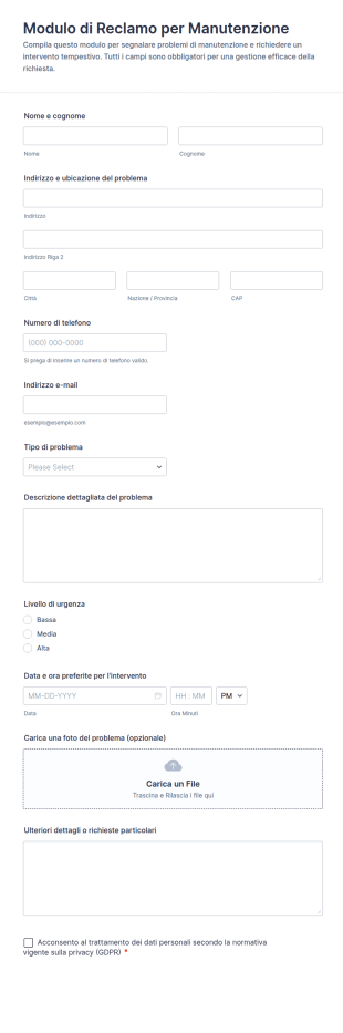 Modulo Di Reclamo Per Manutenzione