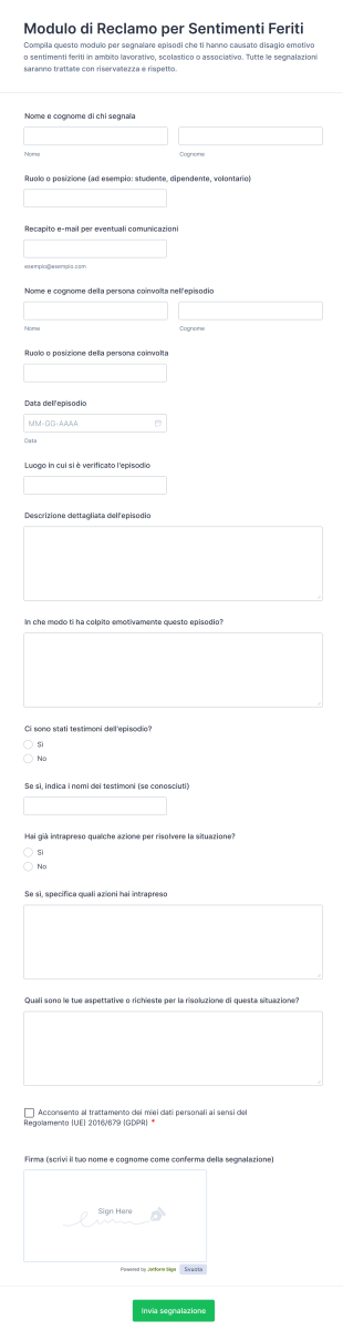 Modulo Di Reclamo Per Sentimenti Feriti