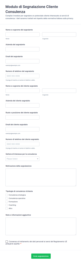 Modulo Di Referenza Cliente Per Consulenza