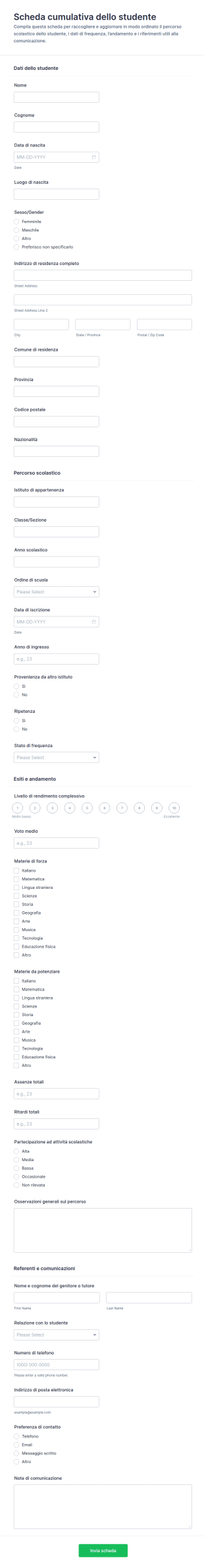 Modulo Per La Raccolta Del Fascicolo Cumulativo Dello Studente