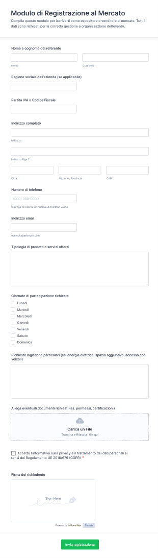 Modulo Di Registrazione Al Mercato