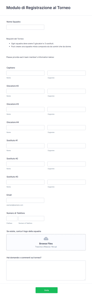 Modulo Di Registrazione Al Torneo Form Template