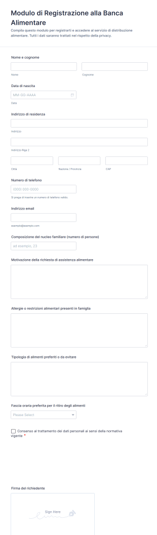 Modulo Di Registrazione Alla Banca Alimentare