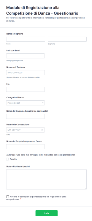 Modulo Di Registrazione Alla Competizione Di Danza Questionario