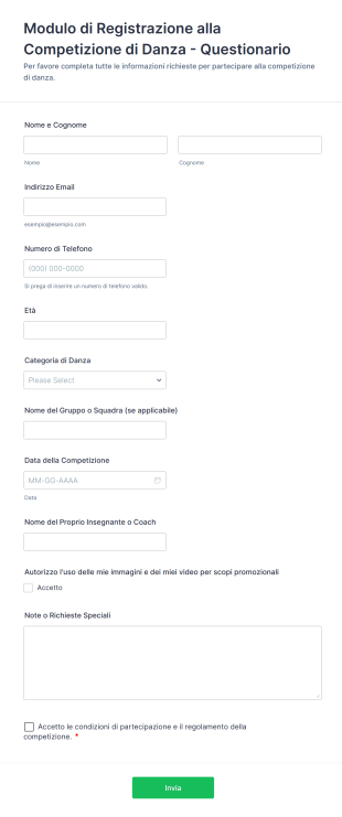 Modulo Di Registrazione Alla Competizione Di Danza Questionario