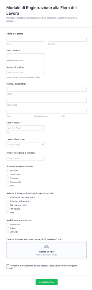 Modulo Di Registrazione Alla Fiera Del Lavoro