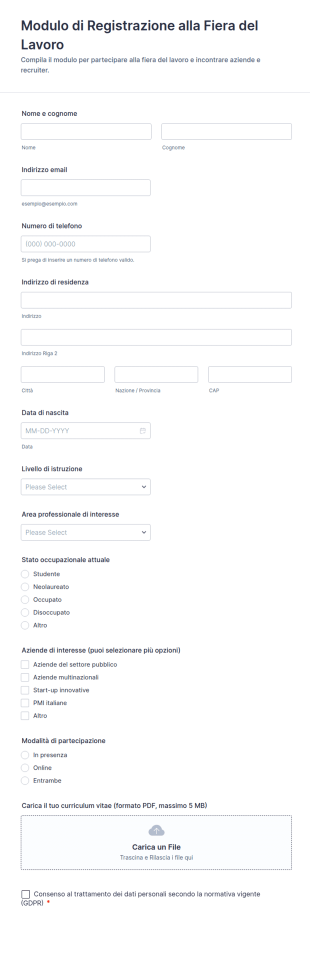 Modulo Di Registrazione Alla Fiera Del Lavoro