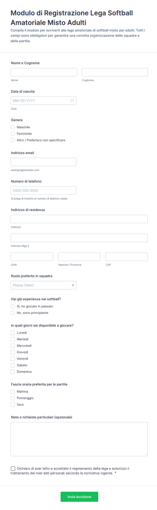 Modulo Di Registrazione Alla Lega Di Softball Co Ed Adulti