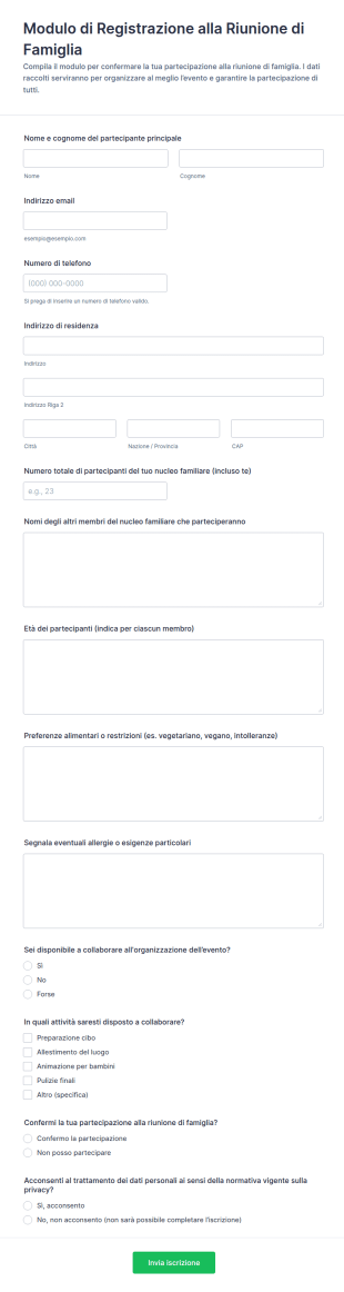 Modulo Di Registrazione Alla Riunione Di Famiglia