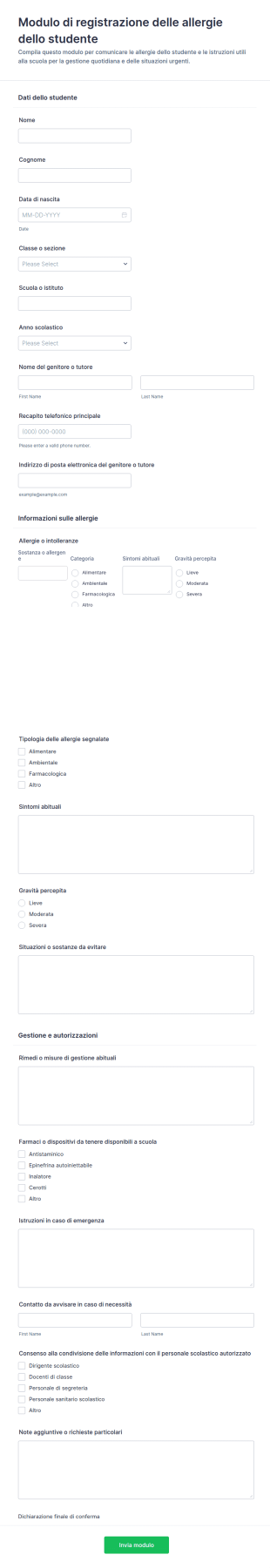 Modulo Di Registrazione Allergie Degli Studenti