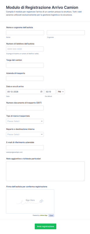Modulo Di Registrazione Arrivo Camion