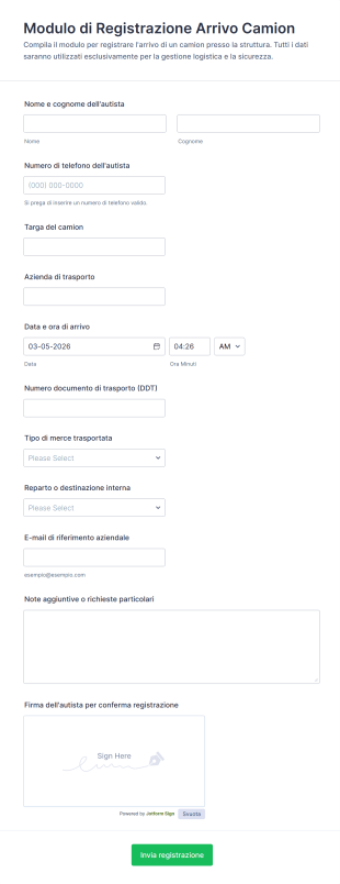 Modulo Di Registrazione Arrivo Camion