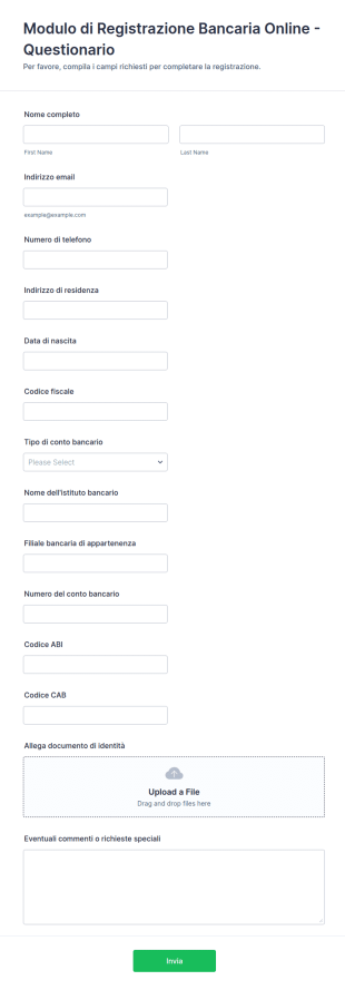 Modulo Di Registrazione Bancaria Online Questionario