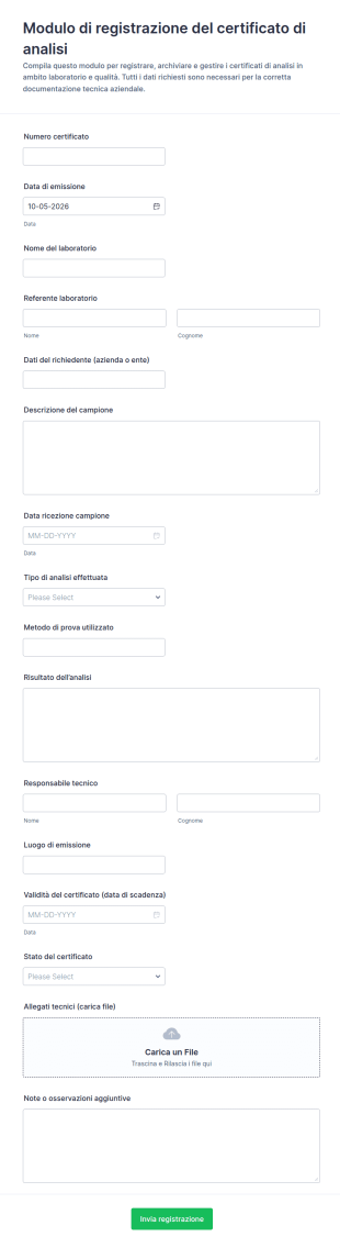 Modulo Di Registrazione Del Certificato Di Analisi