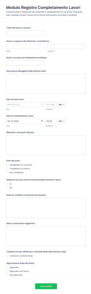 Modulo Di Registrazione Del Completamento Del Lavoro