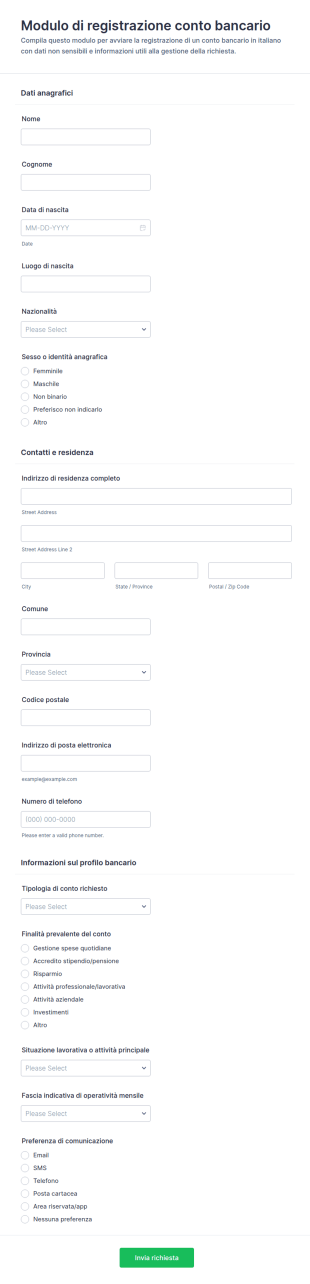 Modulo Di Registrazione Del Conto Bancario