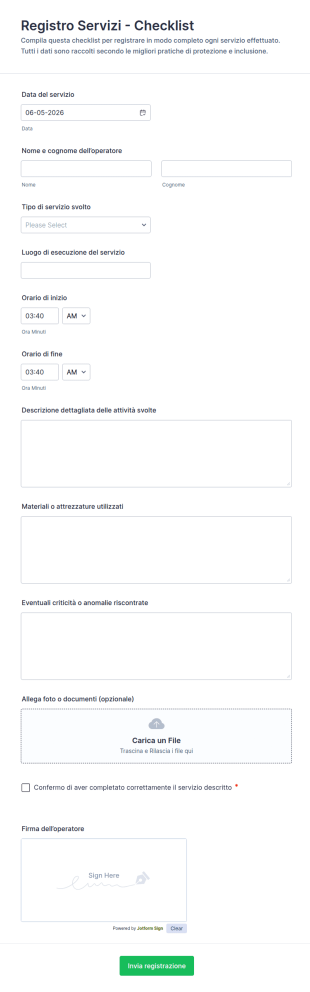 Modulo Di Registrazione Del Servizio