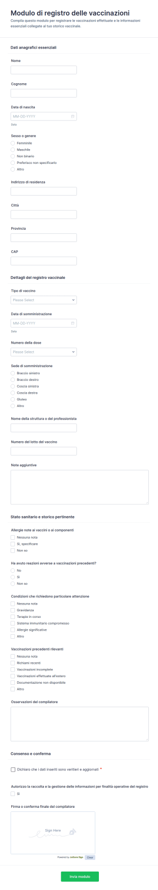 Modulo Di Registrazione Delle Immunizzazioni