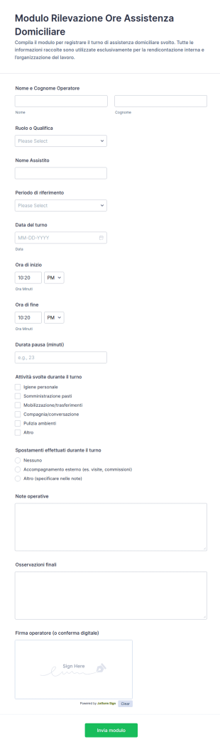 Modulo Di Registrazione Delle Ore Di Assistenza Domiciliare