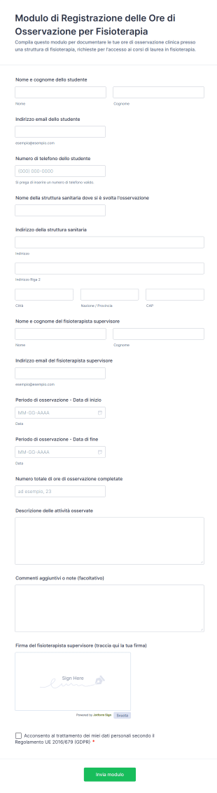 Modulo Di Registrazione Delle Ore Di Osservazione Per Fisioterapia